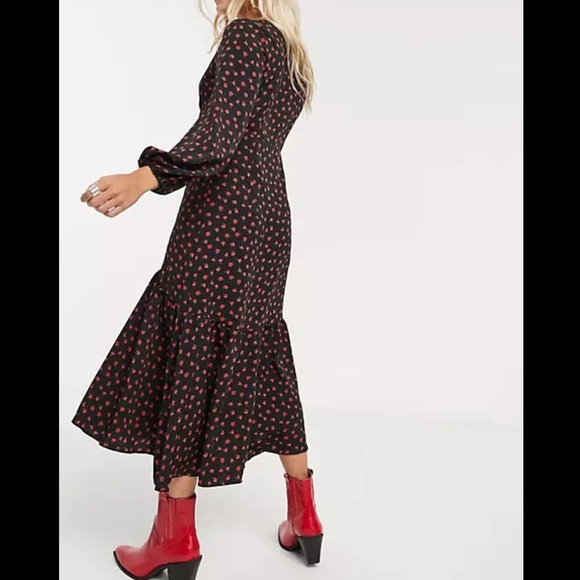 Topshop Black Floral Rose Print Button Down V Neck Midi Dress - Picture 7 of 9